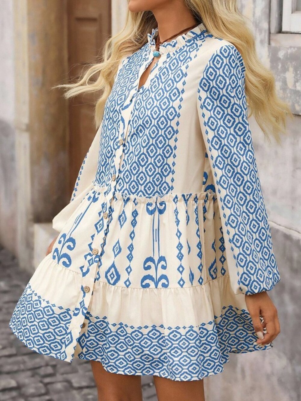 Blue Boho Women's Geometric Lantern Sleeve Frill Trim Mini Dress - Picture 3 of 8